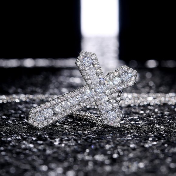 NEW Silver Round Diamond Holy Cross Necklace - Picture 5 of 8